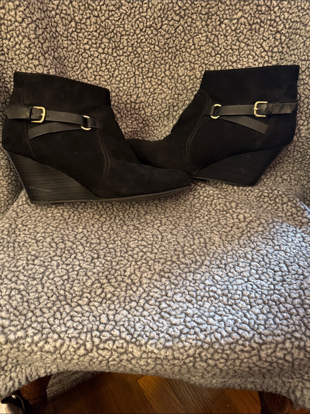 Report Black Suede Wedge Ankle Booties with Buckle Strap